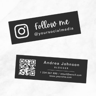 Elegant Black & White Follow Social Media QR Code  Mini Business Card