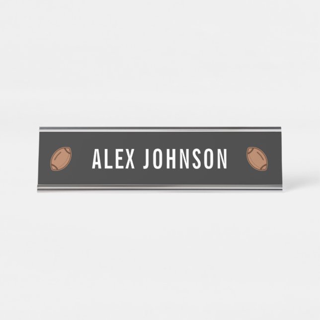 Elegant Black & White Football Team Coach Custom Desk Name Plate (Front)