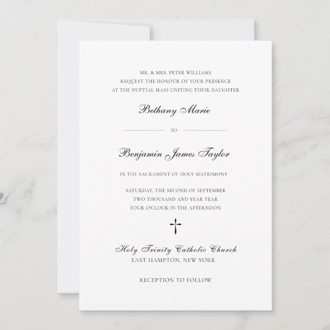 Elegant Black & White Formal Catholic Wedding Invitation (Front)