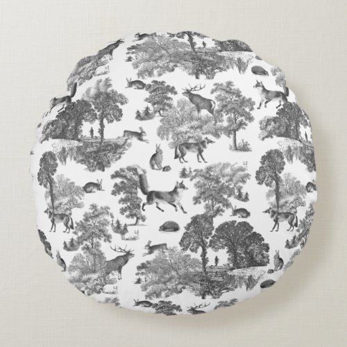 Elegant Black White Fox Rabbit Woodland Toile  Round Pillow