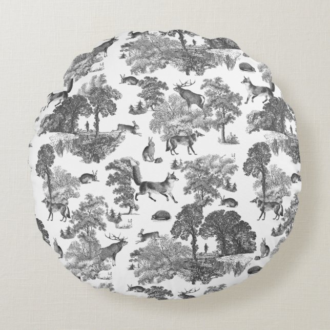 Elegant Black White Fox Rabbit Woodland Toile  Round Pillow (Front)