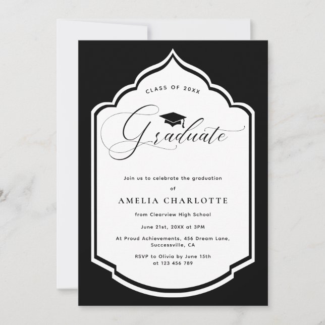 Elegant Black White Frame Graduation Party Invitation (Front)