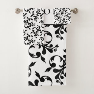 Elegant Black & White French Damask Pattern Bath Towel Set