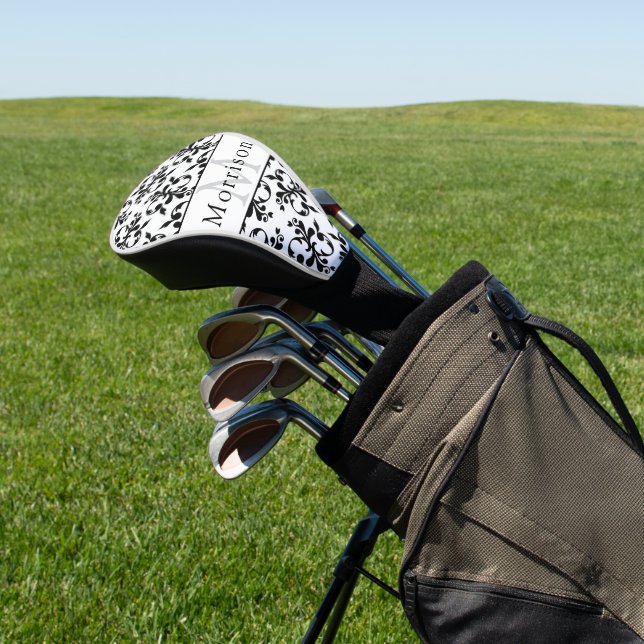 Elegant Black & White French Damask Pattern Golf Head Cover (In Situ)