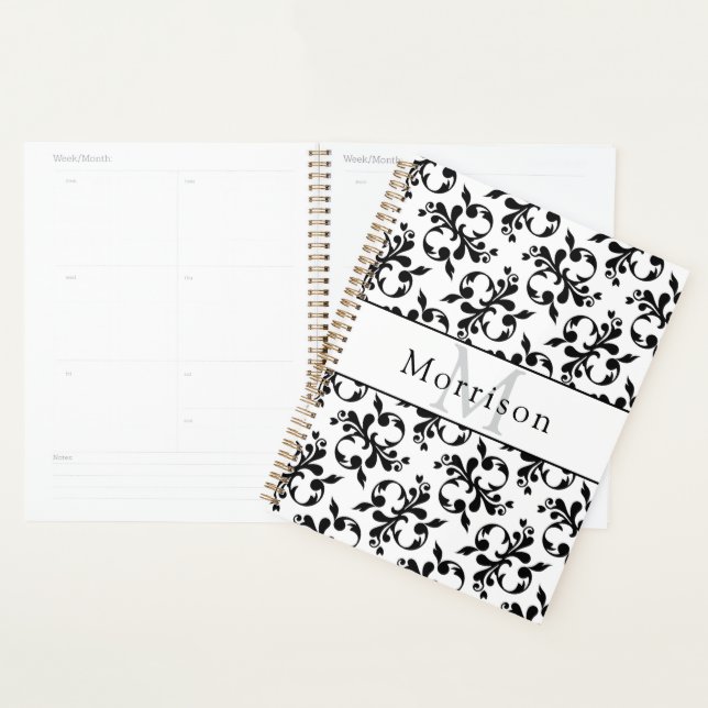 Elegant Black & White French Damask Pattern Planner (Display)