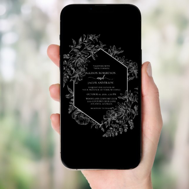 Elegant Black & White Geometric Floral Wedding  Invitation (Front Digital)