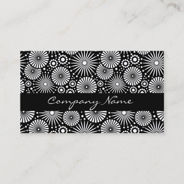 Elegant Black White Geometric Flowers Starburst Business Card (Front)