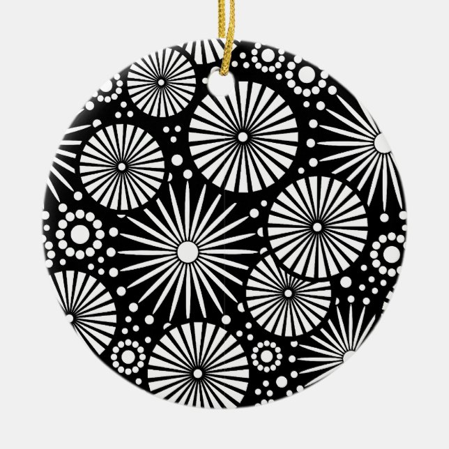 Elegant Black White Geometric Flowers Starburst Ceramic Ornament (Front)