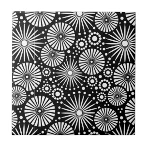 Elegant Black White Geometric Flowers Starburst Ceramic Tile