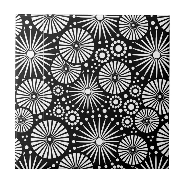 Elegant Black White Geometric Flowers Starburst Ceramic Tile (Front)