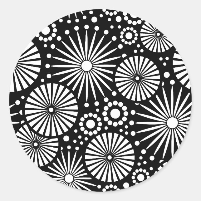 Elegant Black White Geometric Flowers Starburst Classic Round Sticker (Front)