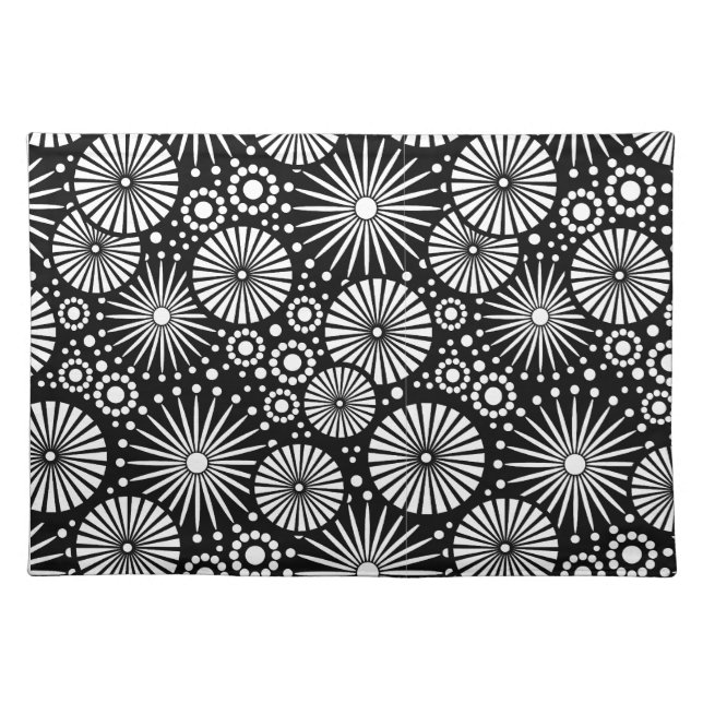 Elegant Black White Geometric Flowers Starburst Cloth Placemat (Front)