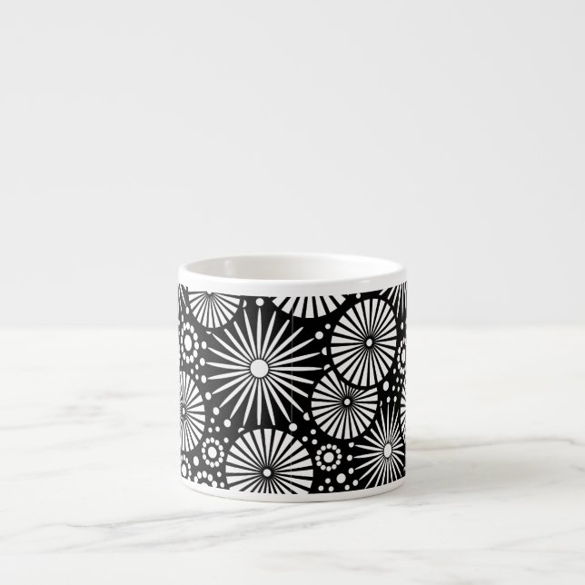 Elegant Black White Geometric Flowers Starburst Espresso Cup (Front)