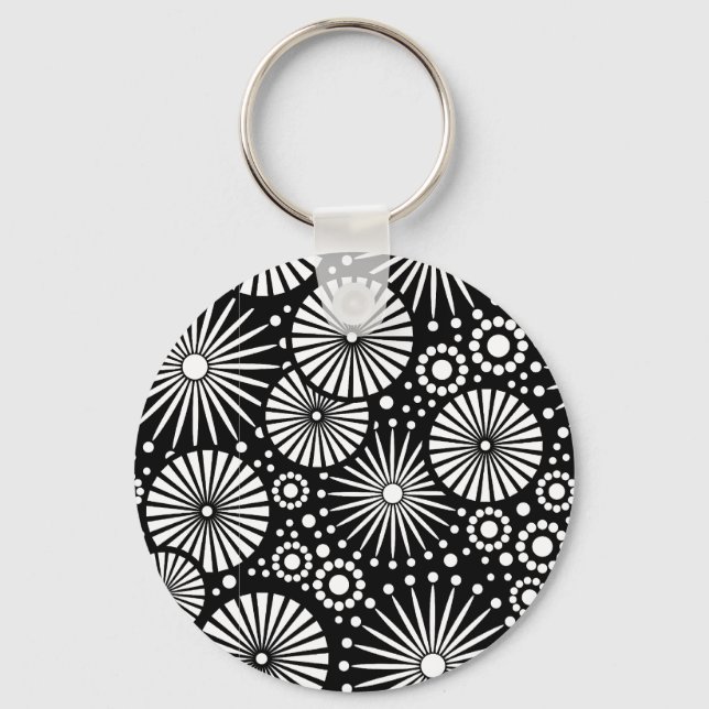 Elegant Black White Geometric Flowers Starburst Keychain (Front)