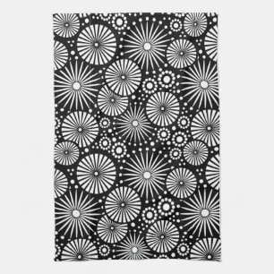 Elegant Black White Geometric Flowers Starburst Kitchen Towel