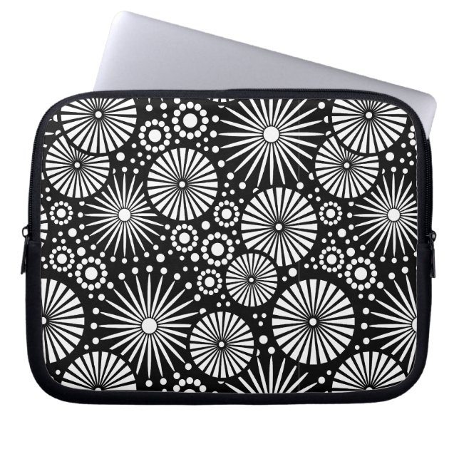 Elegant Black White Geometric Flowers Starburst Laptop Sleeve (Front)