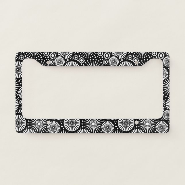 Elegant Black White Geometric Flowers Starburst License Plate Frame (Front)