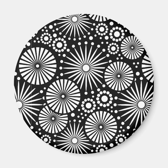Elegant Black White Geometric Flowers Starburst Magnet (Front)