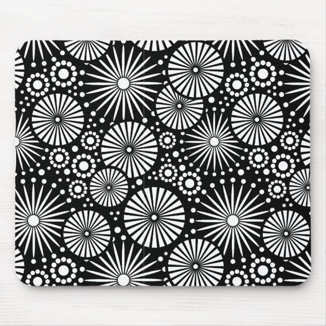 Elegant Black White Geometric Flowers Starburst Mouse Pad (Front)