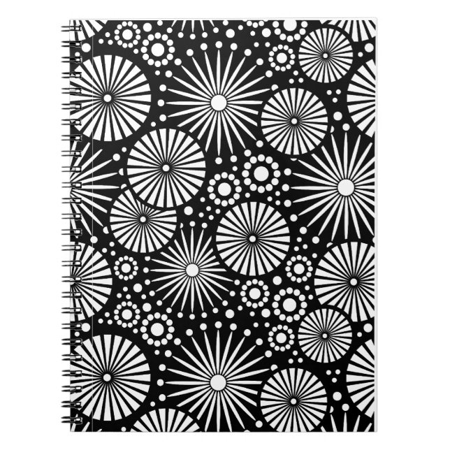 Elegant Black White Geometric Flowers Starburst Notebook (Front)