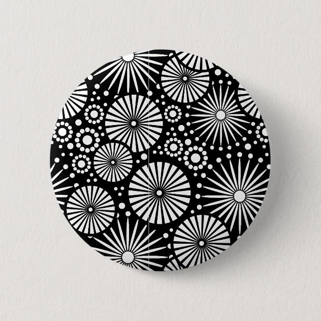 Elegant Black White Geometric Flowers Starburst Pinback Button (Front)