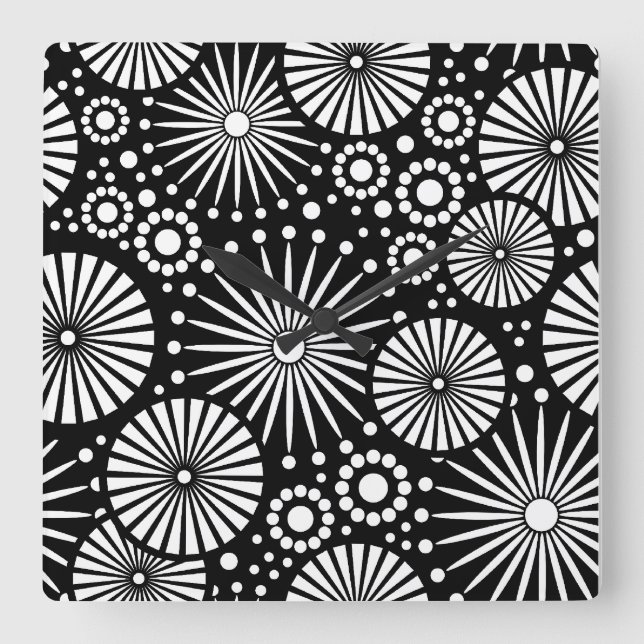 Elegant Black White Geometric Flowers Starburst Square Wall Clock (Front)