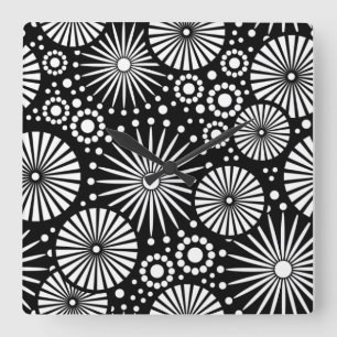 Elegant Black White Geometric Flowers Starburst Square Wall Clock