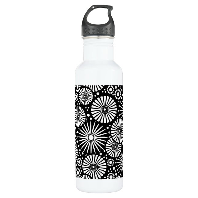 Elegant Black White Geometric Flowers Starburst Stainless Steel Water Bottle (Front)
