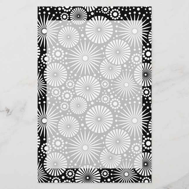 Elegant Black White Geometric Flowers Starburst Stationery (Front)