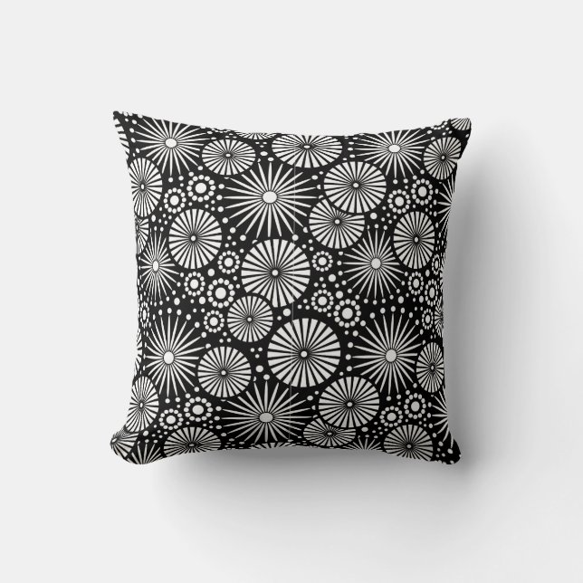 Elegant Black White Geometric Flowers Starburst Throw Pillow (Front)