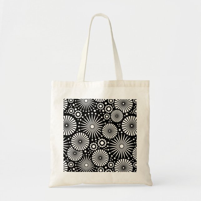Elegant Black White Geometric Flowers Starburst Tote Bag (Front)