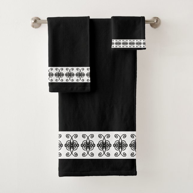 Elegant Black & White Geometric Pattern Bath Towel Set (Insitu)