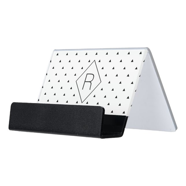 Elegant black white geometric pattern | triangles desk business card holder (Angled Front)