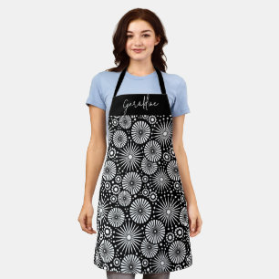 Elegant Black White Geometric Starburst Name Apron