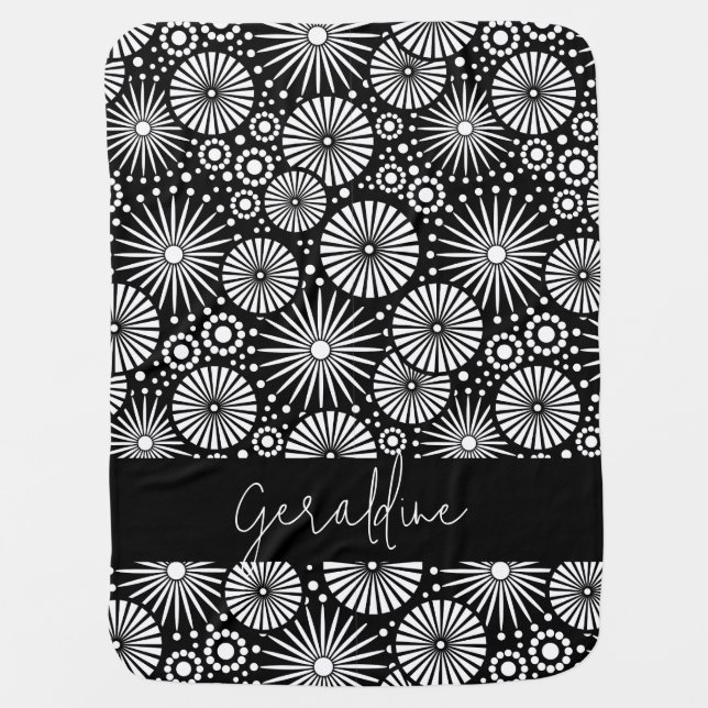 Elegant Black White Geometric Starburst Name  Baby Blanket (Front)