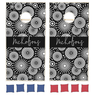 Elegant Black White Geometric Starburst Name  Cornhole Set