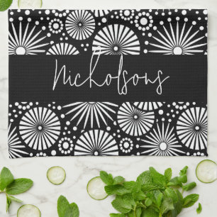 Elegant Black White Geometric Starburst Name  Kitchen Towel