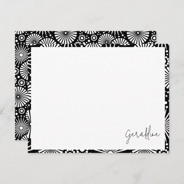 Elegant Black White Geometric Starburst Name  Note Card (Front/Back)