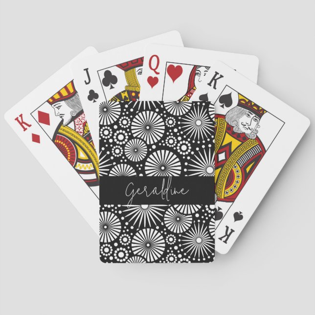 Elegant Black White Geometric Starburst Name  Poker Cards (Back)