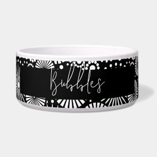 Elegant Black White Geometric Starburst Pet Name Bowl