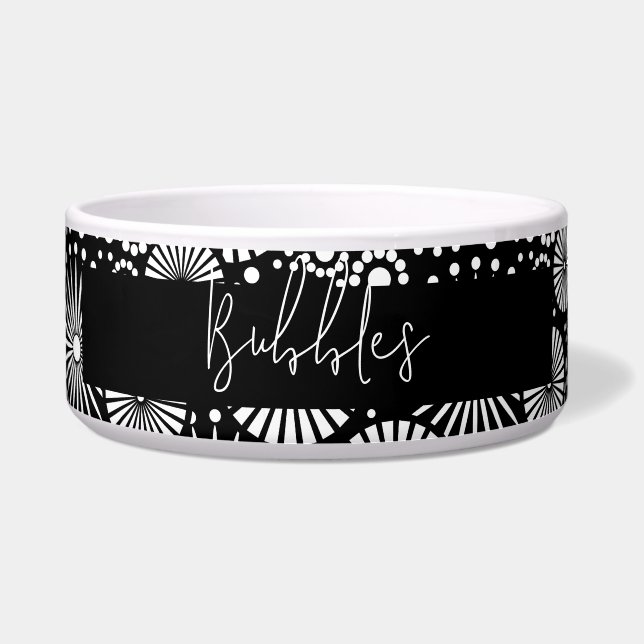 Elegant Black White Geometric Starburst Pet Name  Bowl (Front)