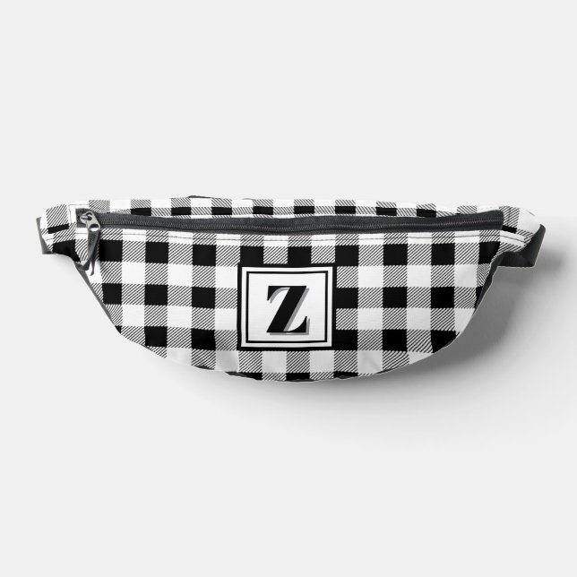 Elegant black white gingham customizable monogram  fanny pack (Lay Down)