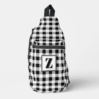 Elegant black white gingham customizable monogram sling bag