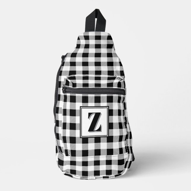 Elegant black white gingham customizable monogram  sling bag (Front)