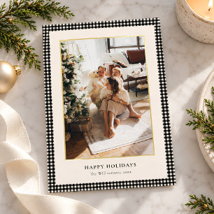 Elegant Black White Gingham Family Photo Christmas Foil Holiday Card