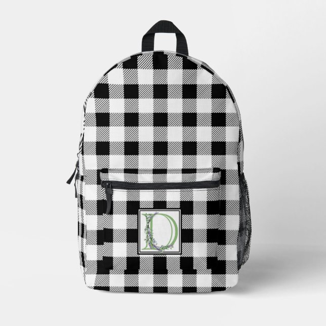 Elegant black white gingham letter D botanical Printed Backpack (Front)