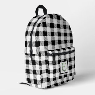 Elegant black white gingham letter E botanical Printed Backpack