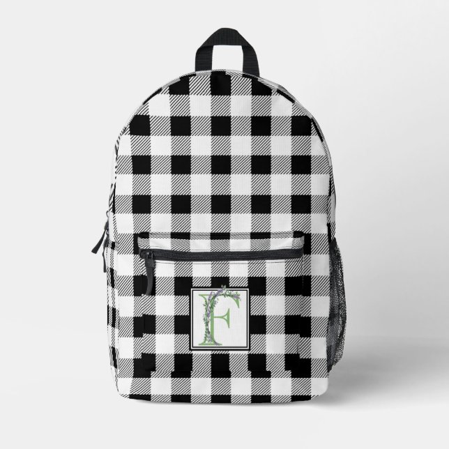 Elegant black white gingham letter F botanical Printed Backpack (Front)