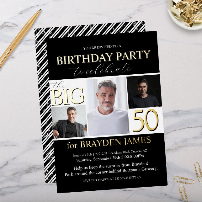 Elegant Black White Gold 50th Birthday Invitation Foil Invitation (Elegant black and white with gold foil birthday party invitation with photo collage for 50th 60th)