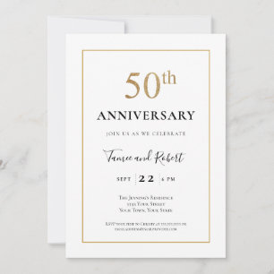 Elegant Black White Gold 50th Wedding Anniversary Invitation
